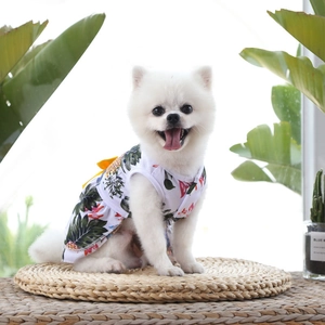 Détail d'une robe d'été pour chien en maille avec imprimé ananas et nœud papillon jaune