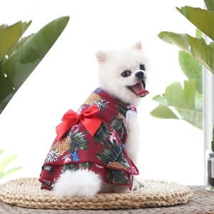 Détail d'une robe d'été pour chien avec imprimé ananas et un grand nœud en satin rouge