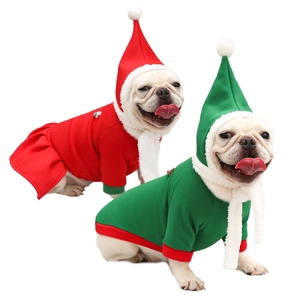 Christmas Pet Dog Cat Clothes Warm Fleece Winter Hoodie Dress Matching Hat Holiday Party Elf Costume