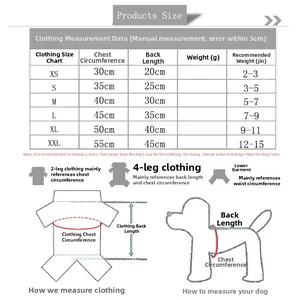 Pet clothing size chart showing measurements for XS to XXL dogs and cats with guide