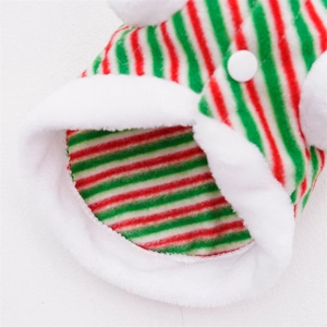 Christmas themed plush pet clothes with red and green stripes and white fur collar trim