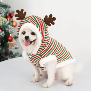 Detail of Christmas striped pet hoodie with 3D reindeer antlers and plush white trim