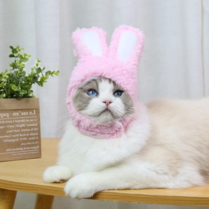 Dettaglio del cappello rosa con orecchie da coniglio in morbido peluche per gatti