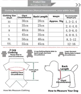 Guide des tailles de pyjamas pour animaux avec mesures du poitrail et du dos pour chiens