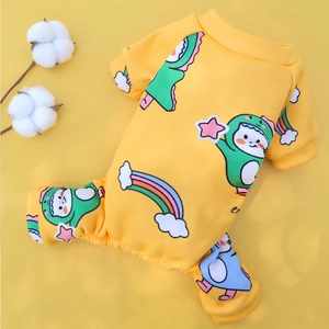 Pyjama pour animaux jaune gingembre avec motifs dinosaures colorés et arc-en-ciel