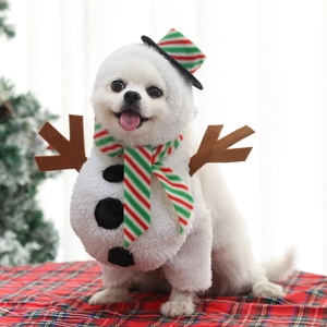 Funny dog snowman costume with white plush bodysuit, striped scarf and hat for pets