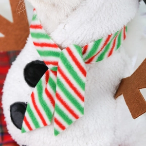 Plush white snowman pet costume for dogs and cats with festive red and green striped scarf