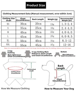 Detailed size guide for pet Christmas vest showing measurements for chest and back length