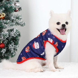 Dettaglio di un Volpino di Pomerania bianco con un gilet natalizio blu scuro per animali