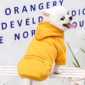 Detail of bright yellow pet hoodie with functional zipper pocket on back for small dogs