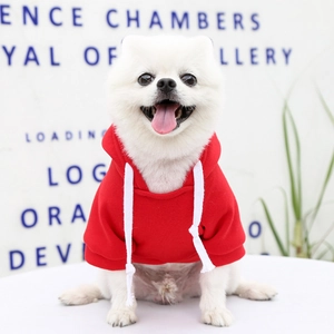 Macro shot of red pet hoodie featuring white drawstring details and soft knitted fabric