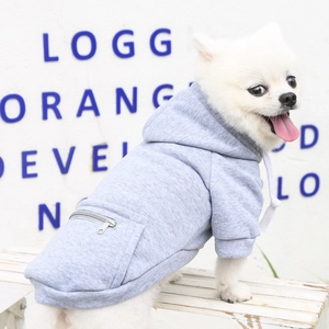 Detail of grey dog hoodie featuring a functional silver zipper pocket and soft fabric