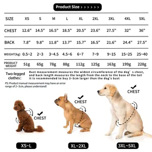 Detailed pet clothing size chart with chest and back length for small to large dogs