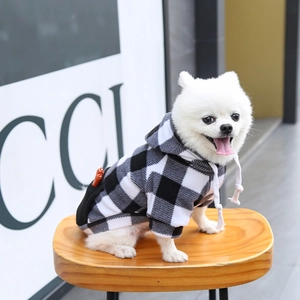Gros plan d'un sweat à capuche écossais pour chien avec poche arrière et cordon blanc