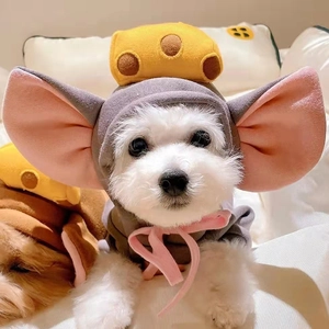 Detail of grey pet mouse costume with large pink ears and cheese decor for small dogs