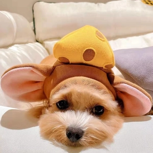 Detail of funny brown pet headgear with large ears and a 3D yellow cheese decoration