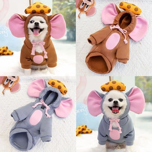 Detail of fleece pet hoodie with cute round ears and cheese decoration for small dogs