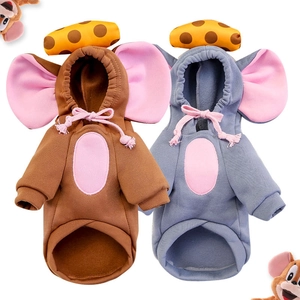 Close-up of brown and gray fleece pet hoodies with cartoon mouse ears and cheese decor