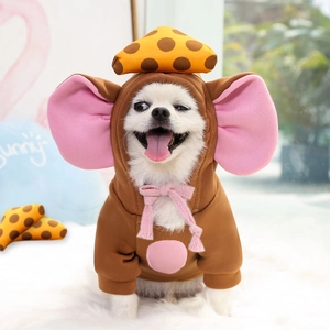 Cozy brown fleece pet hoodie with pink ears and mushroom decor for small dogs and cats
