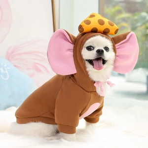 Detail view of cartoon elephant pet hoodie with pink 3D ears and plush fleece fabric