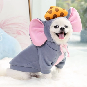 Detail of gray elephant-style pet hoodie with large pink ears and mushroom ornament