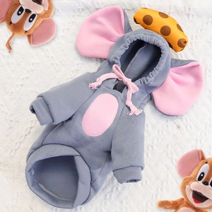 Flat lay of gray elephant hooded pet sweater with pink drawstring on lace fabric