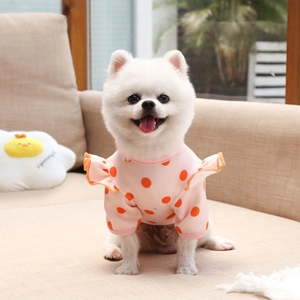 Close-up of pink pet shirt with orange polka dots and ruffle sleeve details on a dog
