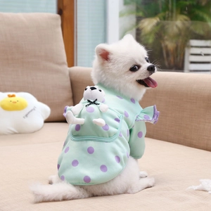 Cute polka dot mint green pet hoodie with small bear toy pocket for small dogs and cats