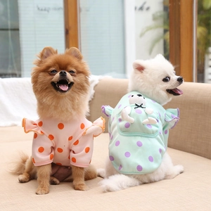Cute polka dot dog sweater for small pets with ruffle sleeves and plush bear decor