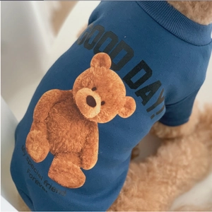 Dark blue pet sweater featuring a brown teddy bear print and Good Day lettering