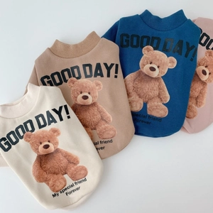 Cute Teddy Bear Print Dog Sweatshirt Knitted Acrylic Cotton Blend Puppy Clothes With Leash D-Ring Soft Casual Cat Apparel