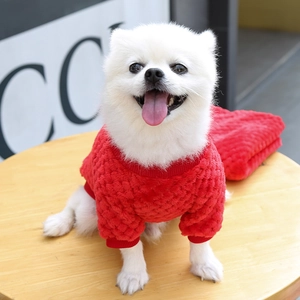 Detail of red plush pet sweater with textured 3D knit pattern and ribbed cuffs on Pomeranian