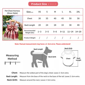 Guide des tailles et mesures pour robe harnais à carreaux pour chiens de XS à 2XL