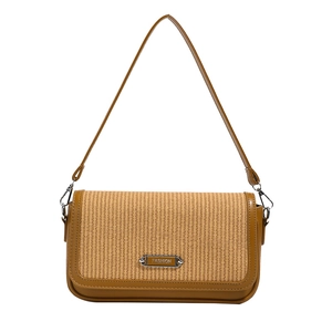 Retro shoulder bag with woven straw and brown leather panels and silver metal plaque