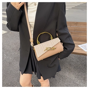 Detail of warm beige box bag featuring straw texture flap and golden T-bar metal clasp