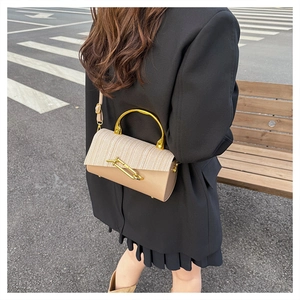 Street style view of beige structured bag with woven texture and gold metal handle