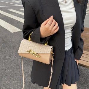 Elegant beige PU leather crossbody box bag with woven texture lid and gold chain detail