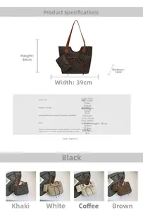 Spécifications détaillées de taille pour grand cabas et pochette avec imprimé géométrique