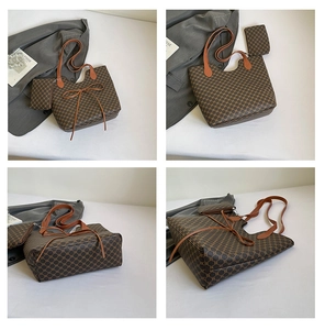 Détails du sac cabas vintage avec motif monogramme, nœud décoratif et pochette