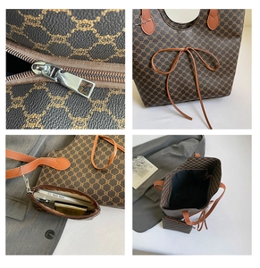 Détail du grand sac cabas avec pochette assortie, nœud décoratif et motif vintage