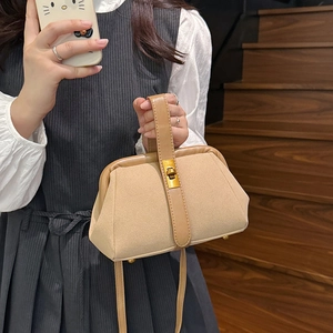 Chic frosted shell handbag in khaki with gold metal lock and vintage top handle strap