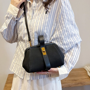 Vintage matte black shell bag with gold lock and shoulder strap for women fashion