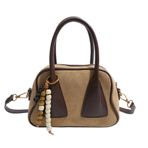 Retro contrast suede and leather Boston bag with decorative beads and crossbody strap