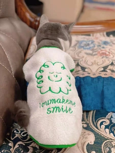 Detail of white plush pet vest with green cloud embroidery and you make me smile text