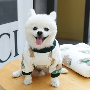 Detailed view of dog winter sweater with plush fabric and cute cartoon bear pattern