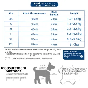 Detailed size chart for pet dog and cat clothing with chest and back measurements