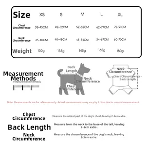 Size guide for no-pull dog harness showing chest and neck measurements for XS to XL sizes
