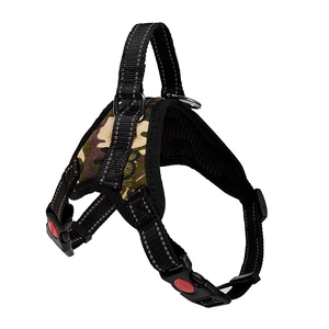 Macro detail of camouflage dog harness with reflective nylon straps and red safety buckle