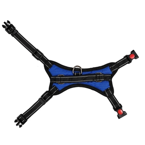 Blue dog harness featuring reflective stitching and adjustable nylon straps with D-ring