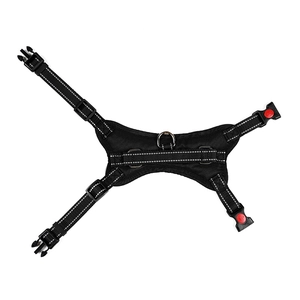Detail of black nylon dog harness with reflective stripes and secure buckle locks